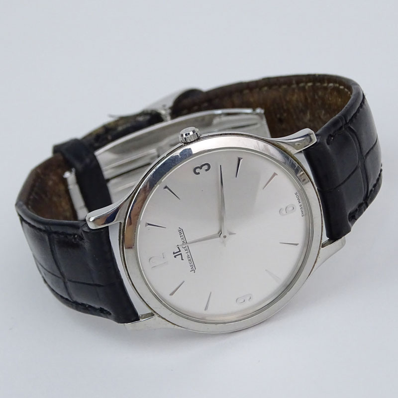 Circa 2007 Man's Jaeger-LeCoultre Stainless Steel Master Ultra Thin Manual Movement Watch with Skeleton Back and Alligator Strap Ref #1453470 with Papers.