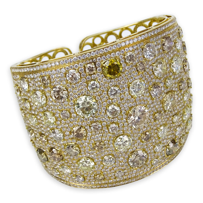 Exceptional Approx. 41.24 Carat Natural Untreated Multi Fancy Color Diamond, 17.11 Carat Micro Pave Set White Diamond and 18 Karat Yellow Gold Wide Cuff Bangle Bracelet. 