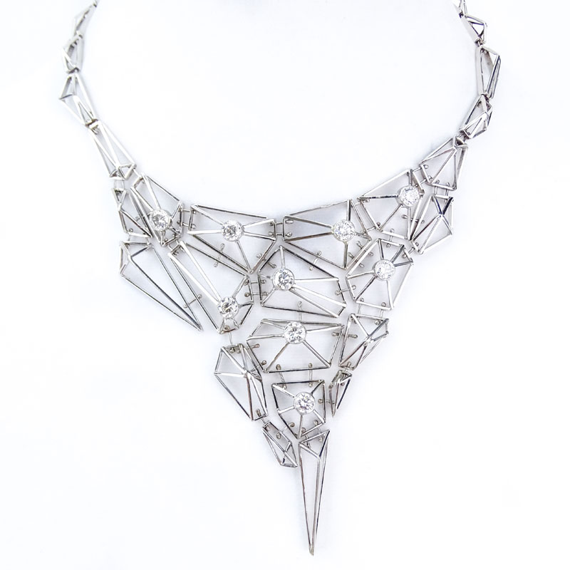 Circa 2012 Martin Verner for Voronoi Jewelry Approx. 9.09 Carat Round Brilliant Cut Diamond and 14 Karat White Gold Modern Geometric Design Necklace.