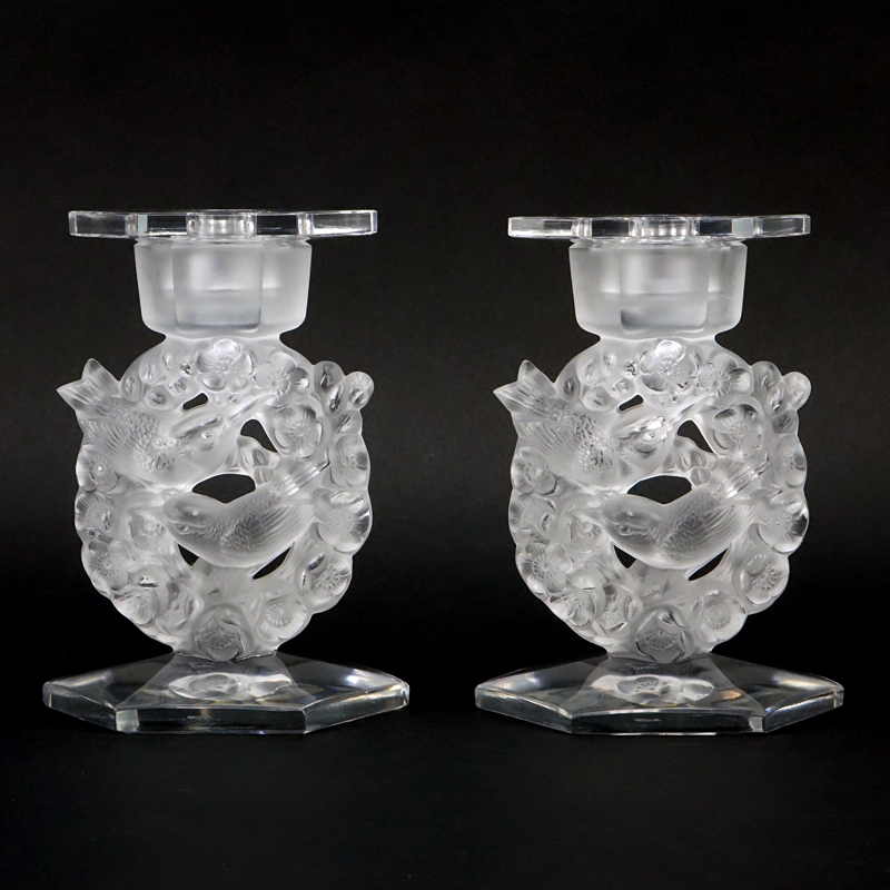Pair of Lalique "Mesanges" Clear and Frosted Crystal Candlesticks with Inserts. 