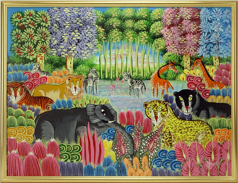 Contemporary Haitian Acrylic On Canvas "Jungle Scene" Signed J. Frantz '92 lower right. 