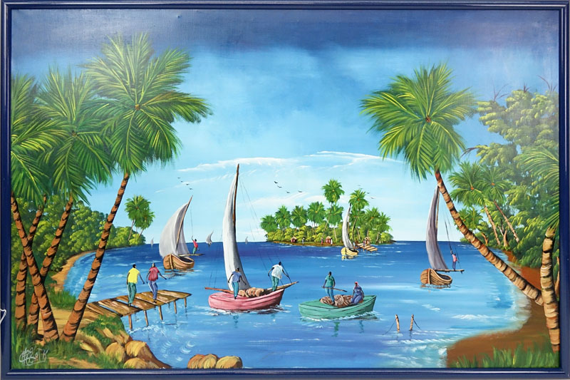 Contemporary Haitian Acrylic On Canvas "Island Fishing" Signed lower left (illegible).