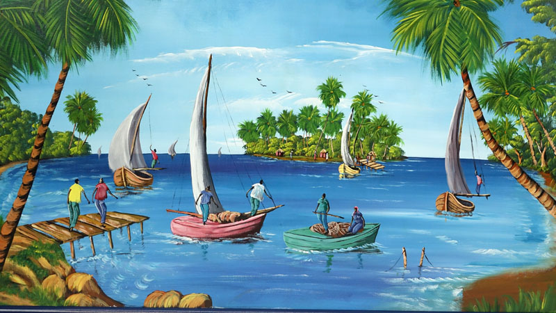 Contemporary Haitian Acrylic On Canvas "Island Fishing" Signed lower left (illegible).