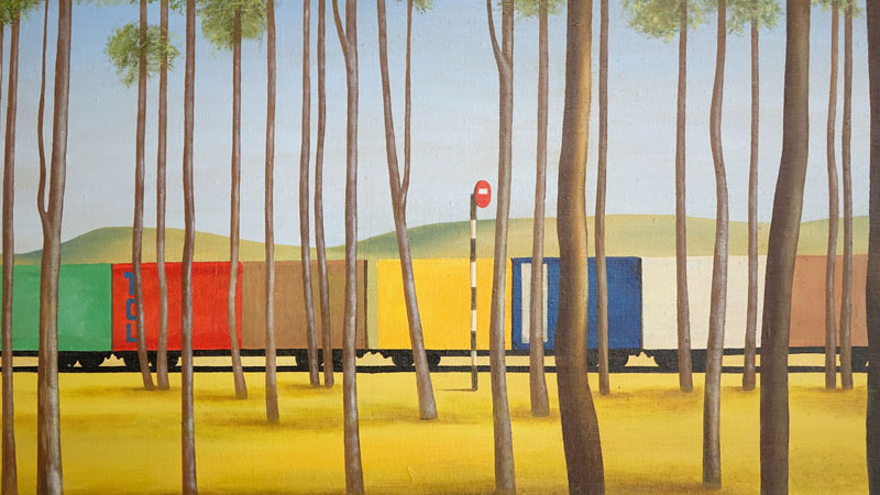 After: Jeffrey Edson Smart, Australian (1921-2013) Oil on canvas "The Train". 
