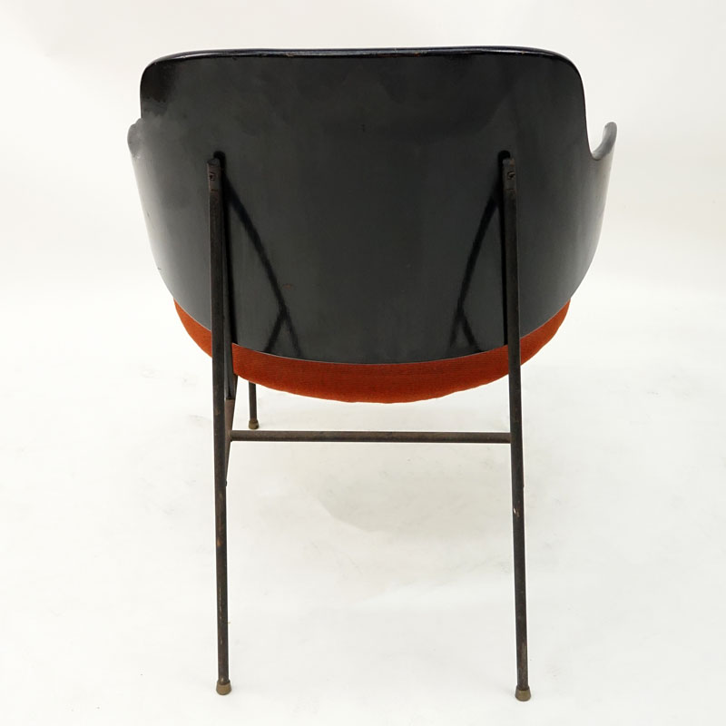 Kofoed Larson Wood, Iron, and Upholstered Shell Back Chair. Black lacquer back rest, upholstered seat and stands on iron frame