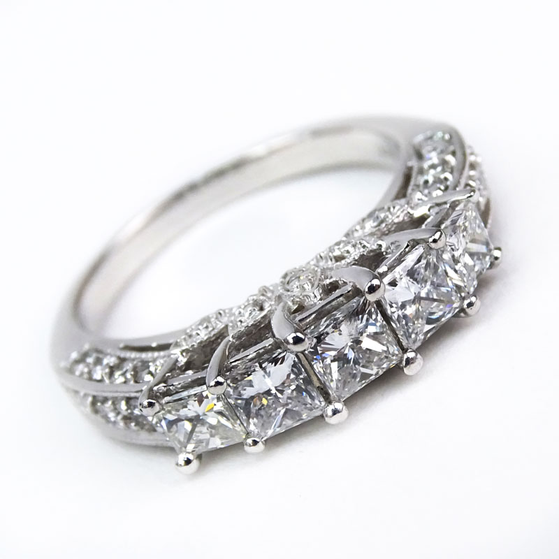 Approx. 1.32 Carat Princess Cut Diamond and 14 Karat White Gold Five Diamond Wedding Band.