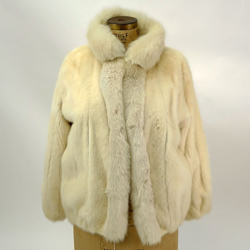 White Mink Jacket With Fox Fur Collar.