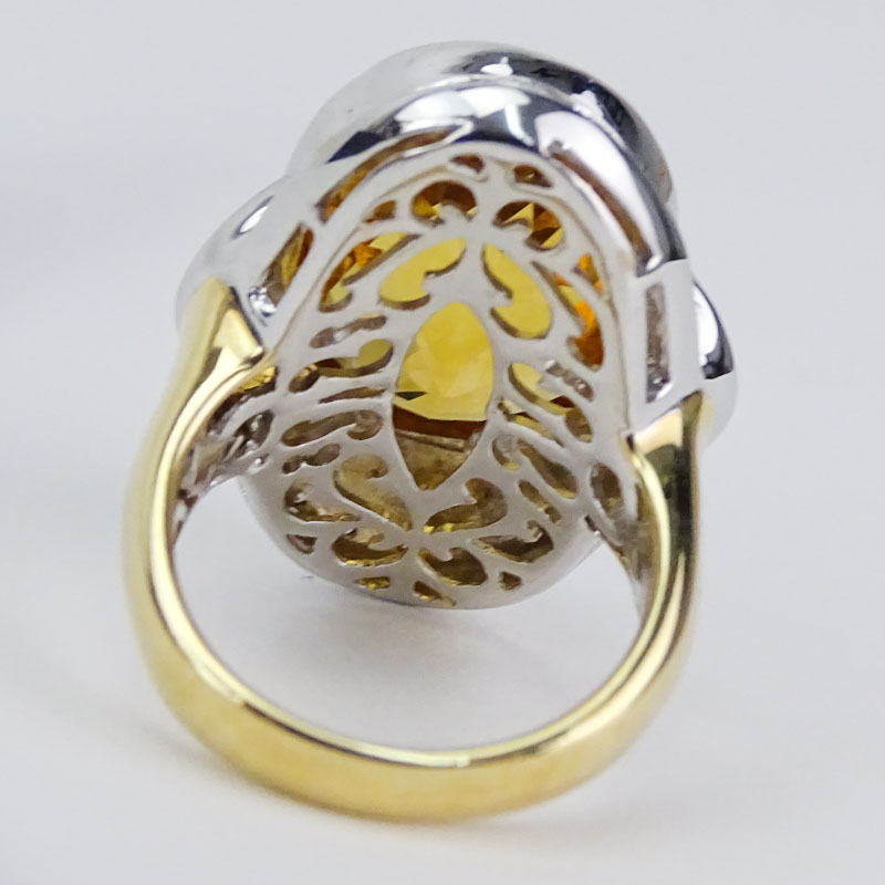 Approx. 30.0 Carat Criss Cross Oval Cut Citrine, Diamonds and 14 Karat Yellow and White Gold Ring. 