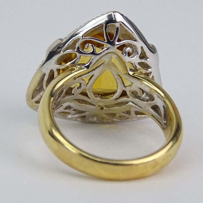 Vintage Criss Cross Triangular Cut Citrine, Diamond and 14 Karat Yellow and White Gold Ring. 