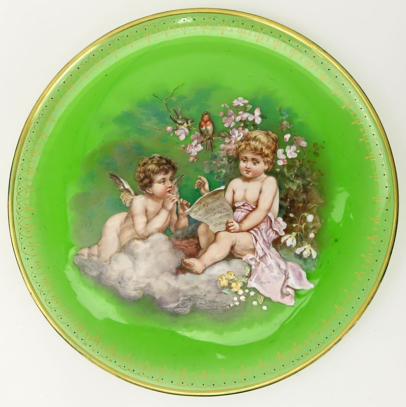 Antique Hand Painted Green Glass Platter.