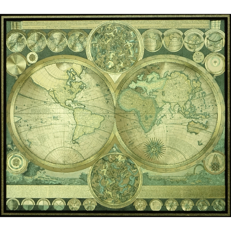 After: Adam Friedrich Zurner  & Peter Schenk Dutch (16-17th C) Foil image map "Planisphaerium Terrestre cum utroque Coelesti Hemisphaerio, sive Diversa Orbis Terraquei". 