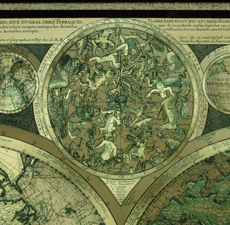 After: Adam Friedrich Zurner  & Peter Schenk Dutch (16-17th C) Foil image map "Planisphaerium Terrestre cum utroque Coelesti Hemisphaerio, sive Diversa Orbis Terraquei". 