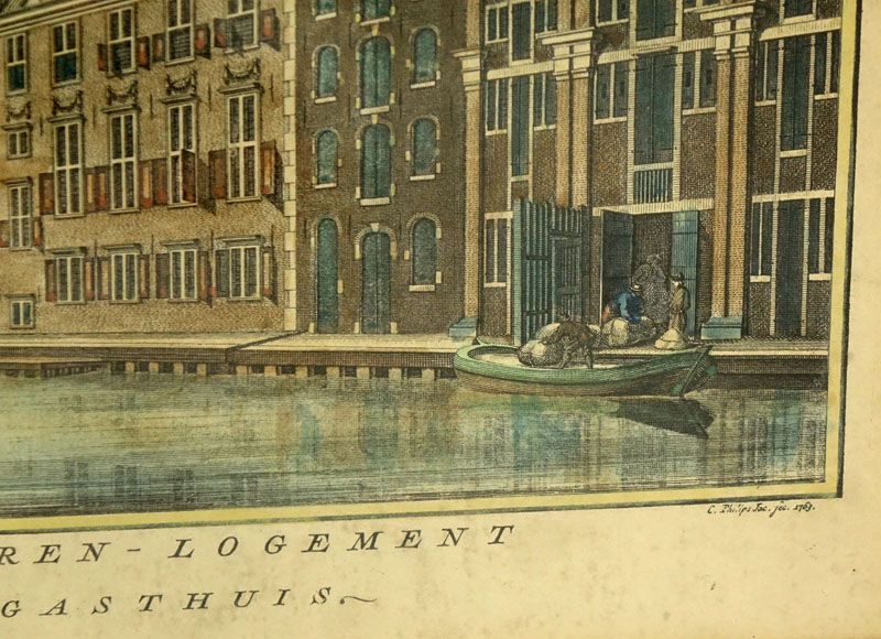 Jan de Beyer, Dutch (1703 - c. 1780)  Color Etching "Het Oude-Zyds Heeren-Logement" Made by Jacobsz Philips Dated 1763. 