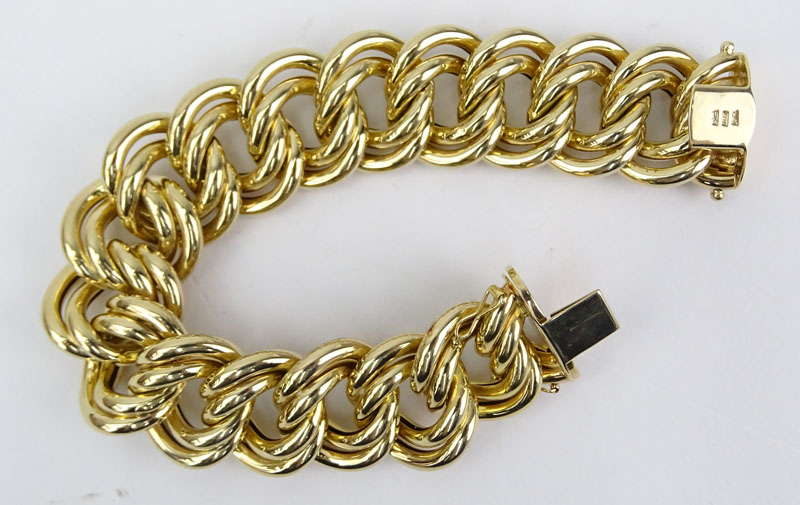 Vintage Italian 18 Karat Yellow Gold Wide Link Textured Link Bracelet.