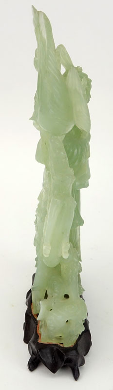 Chinese Carved Jadeite Guanyin Figurine on Wooden Base.
