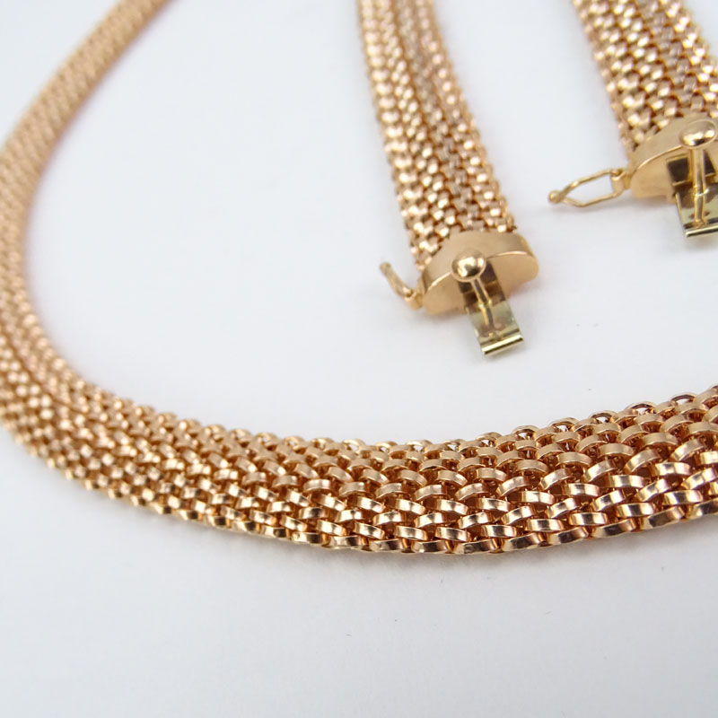 Vintage 14 Karat Pink Gold Mesh Link Necklace and Two (2) Bracelet Suite.