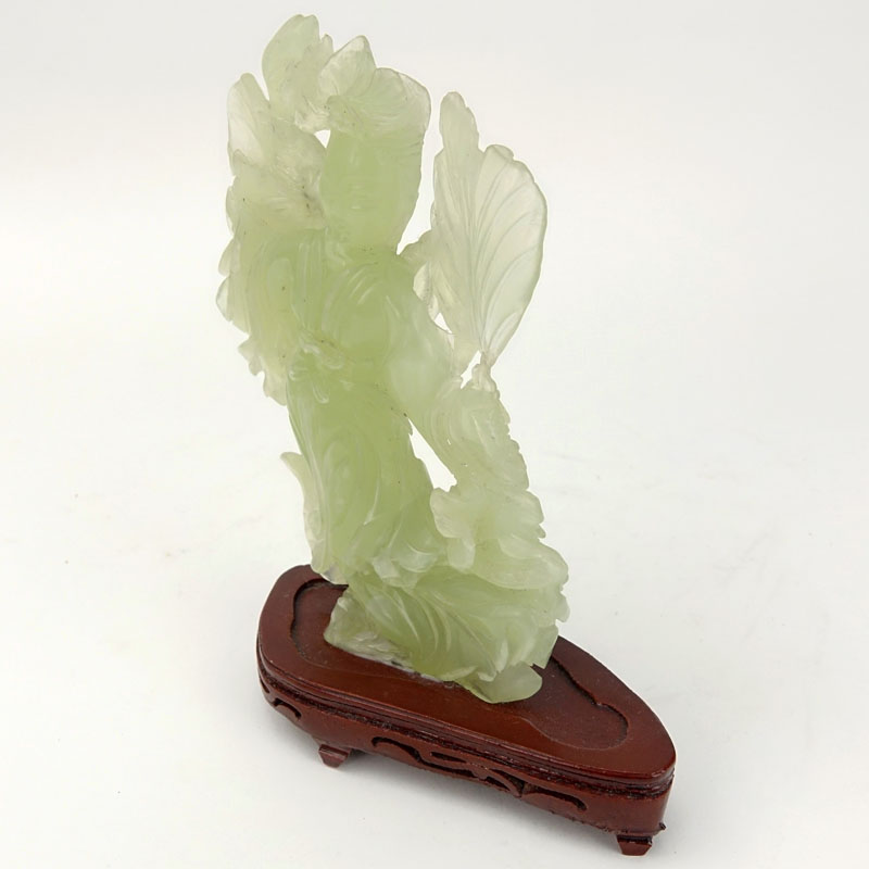 Chinese Carved Jadeite Guanyin Figurine on Wooden Base.
