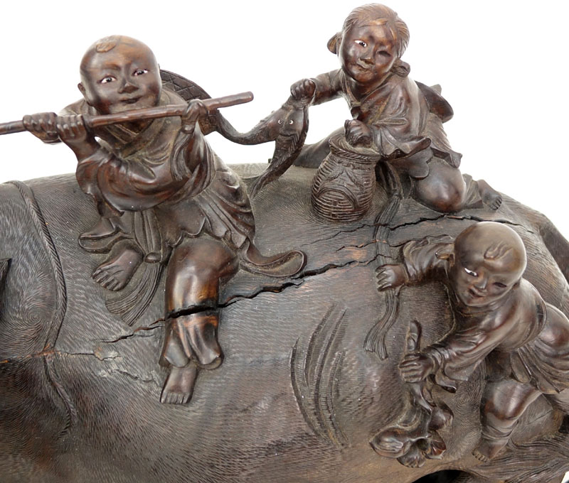 19/20th Century Chinese Carved Wood Water Buffalo  With Children On Floral Carved Base.