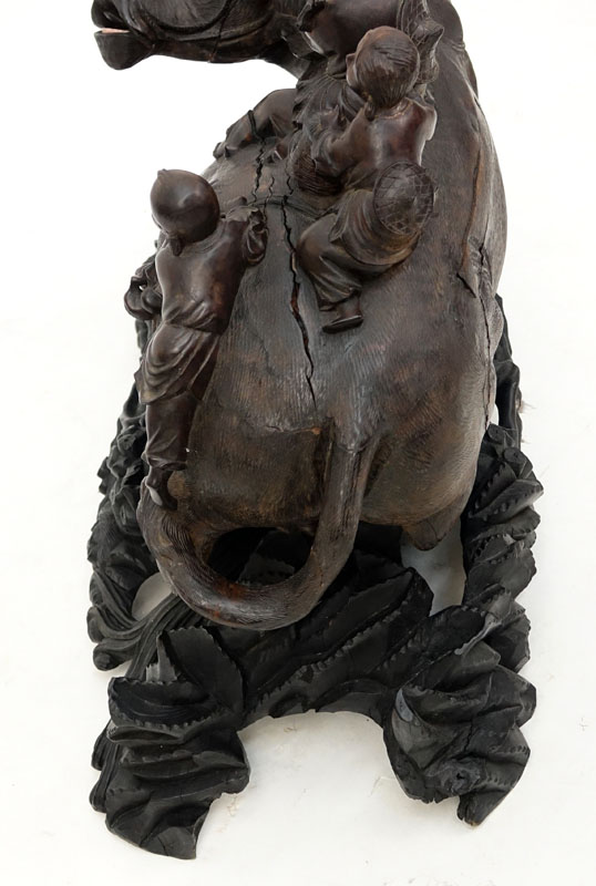 19/20th Century Chinese Carved Wood Water Buffalo  With Children On Floral Carved Base.