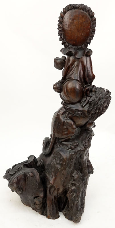 Huge 19/20th Century Chinese Carved Wood Quan Yin On A Foo Lion Sculpture.