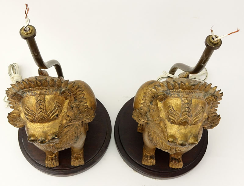 Pair of Vintage Gilt Metal Foo Lion Lamps.