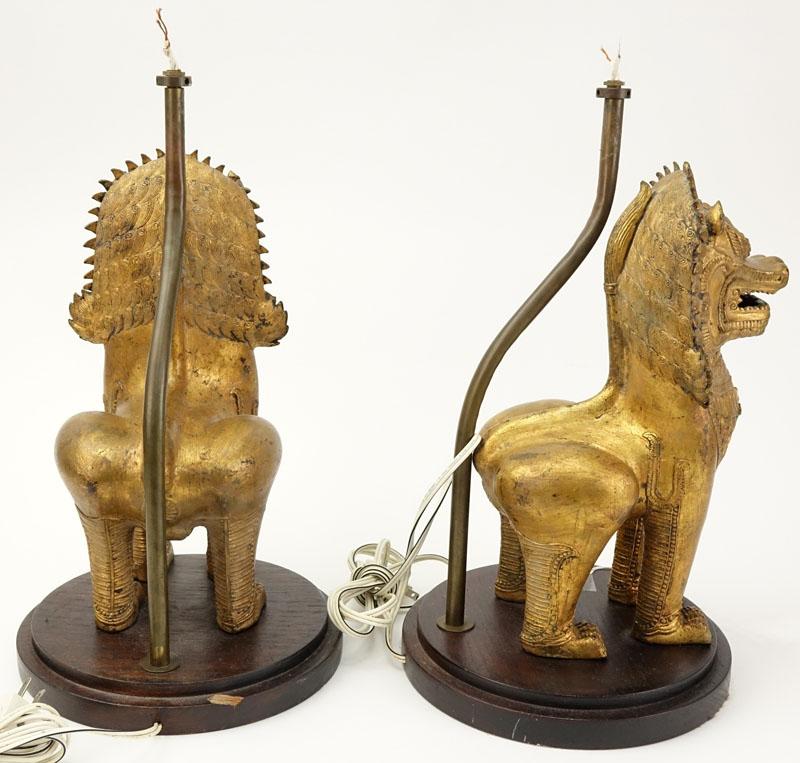 Pair of Vintage Gilt Metal Foo Lion Lamps.