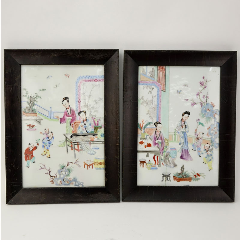 Pair of Vintage Chinese Famille Rose Hand Painted Porcelain Plaques.