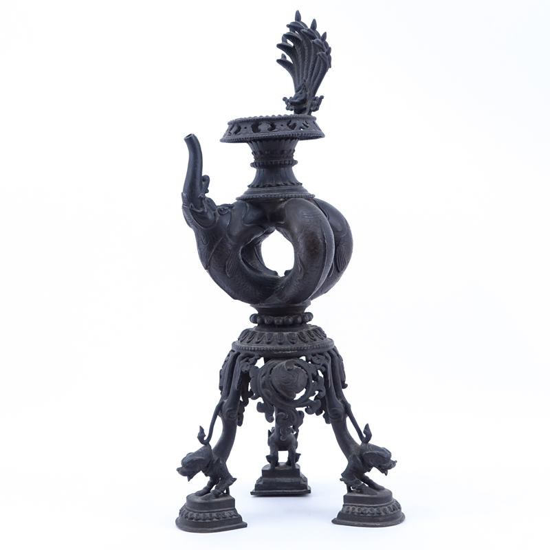 Early to Mid 19th Century Ancient Style Chinese/Tibetan Bronze Tripod Vessel with Spout.