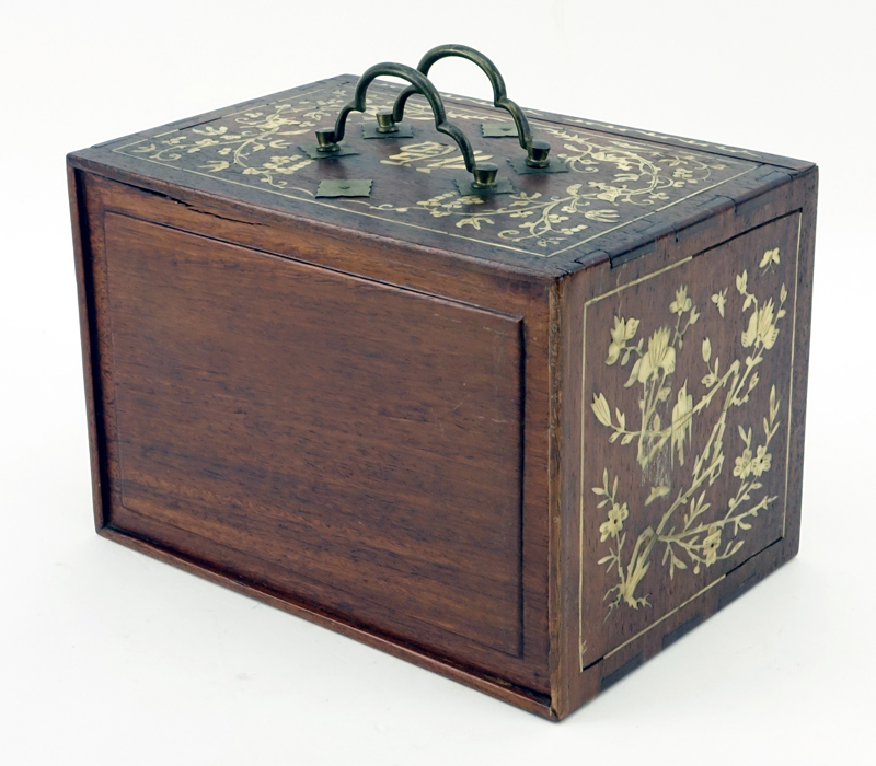 Vintage Bone Mah Jong Set In Bone Inlaid Wood Box.