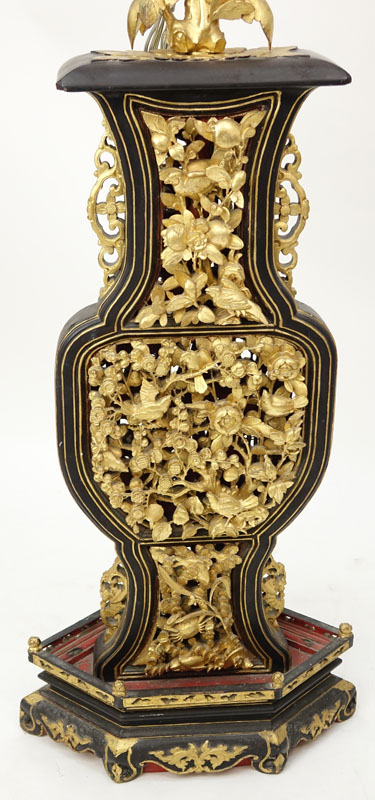 Large 19/20th Century Chinese Heavy Carved Gilt Wood and Black Painted Temple Candle Holder Mounted as Lamp.