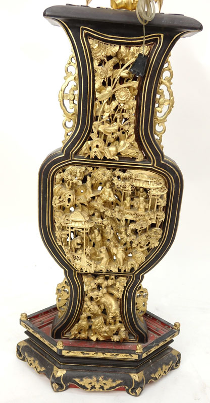 Large 19/20th Century Chinese Heavy Carved Gilt Wood and Black Painted Temple Candle Holder Mounted as Lamp.