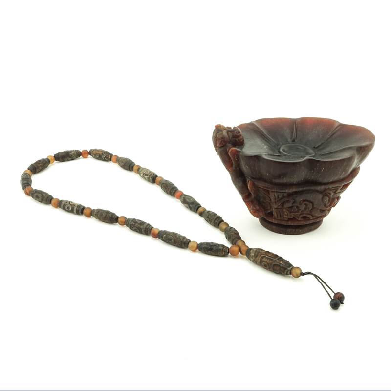 19/20th Chinese Carved Horn or Resin Libation Cup along with Tibetan Stoneware Beaded Prayer Necklace.