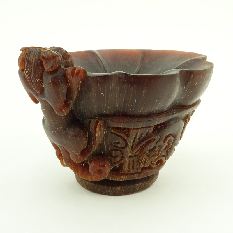 19/20th Chinese Carved Horn or Resin Libation Cup along with Tibetan Stoneware Beaded Prayer Necklace.