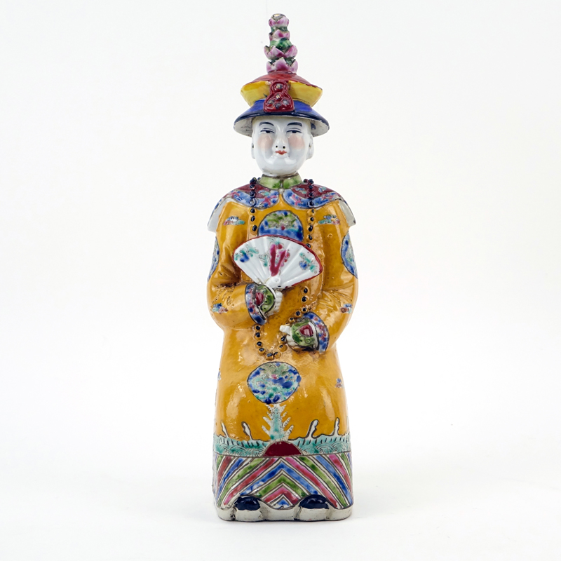 Early to Mid 20th Century Chinese Hand Painted Pottery Seated Emperor Figurine.