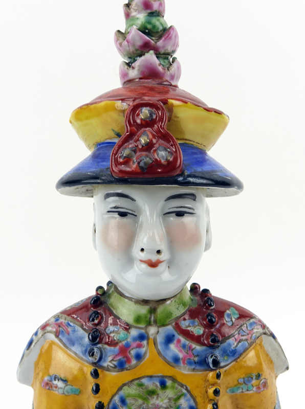 Early to Mid 20th Century Chinese Hand Painted Pottery Seated Emperor Figurine.