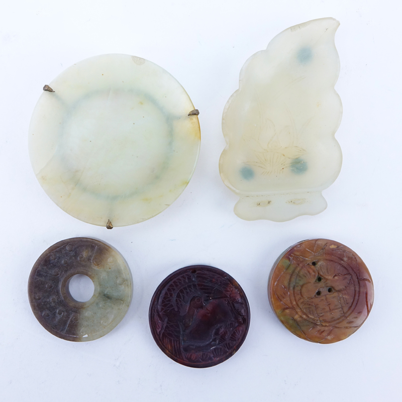 Chinese Carved Jade Five (5) Piece Lot Including a Celadon Jade Leaf Dish, a Celadon Jade Small Bowl with Carnelian Feet and Three (3) Bi Discs. 