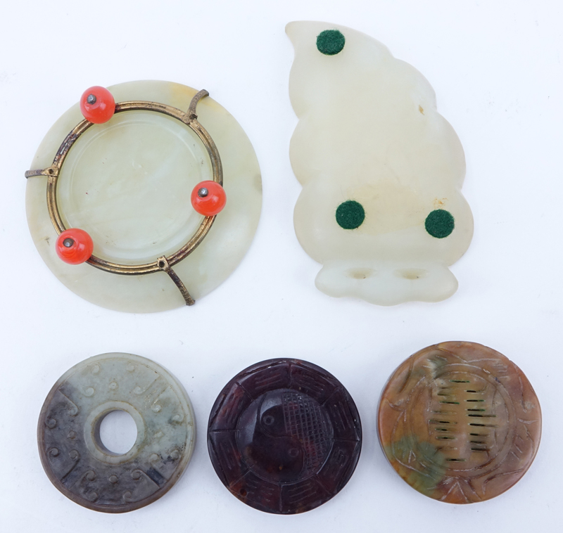 Chinese Carved Jade Five (5) Piece Lot Including a Celadon Jade Leaf Dish, a Celadon Jade Small Bowl with Carnelian Feet and Three (3) Bi Discs. 