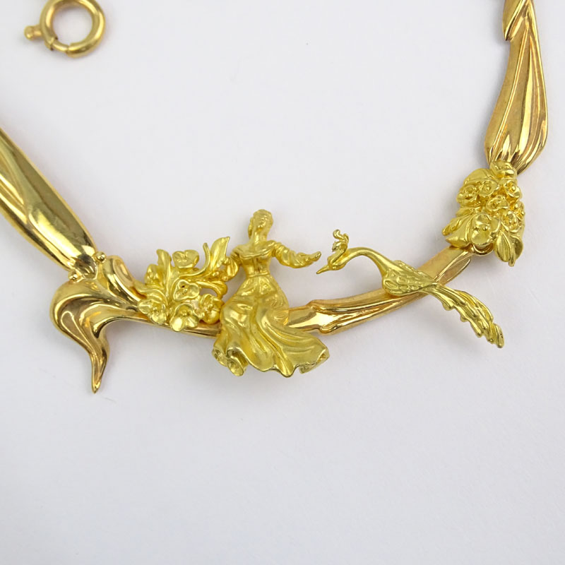 Vintage Italian Art Nouveau style 14 Karat Yellow Gold Necklace and Ring Suite.