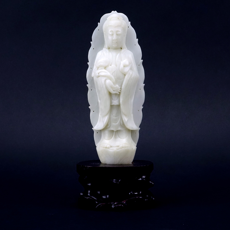 19/20th Century Chinese Carved White Jade Figurine of Guanyin on Wooden Base.