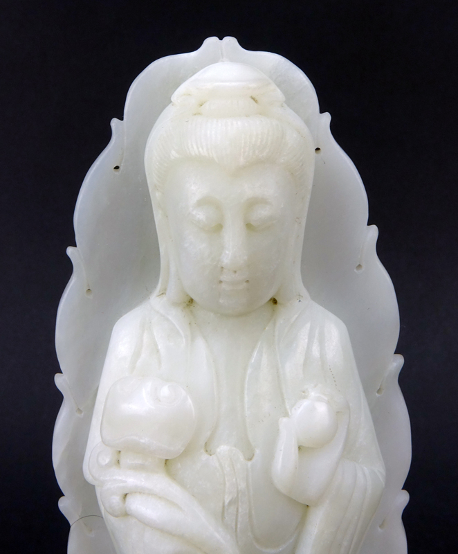 19/20th Century Chinese Carved White Jade Figurine of Guanyin on Wooden Base.