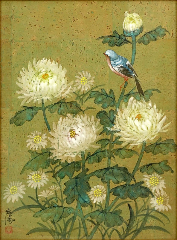 Pair of Chinese Watercolor "Birds" Painting on Cork Paper. 