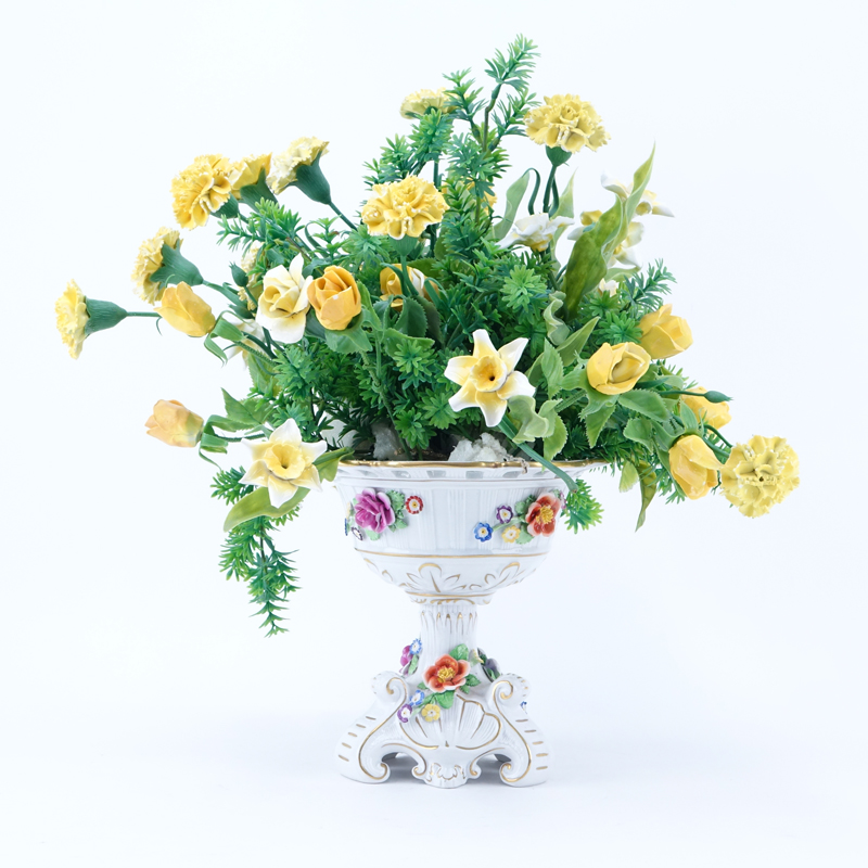 Dresden Porcelain Compote with Porcelain Flower Bouquet Group.