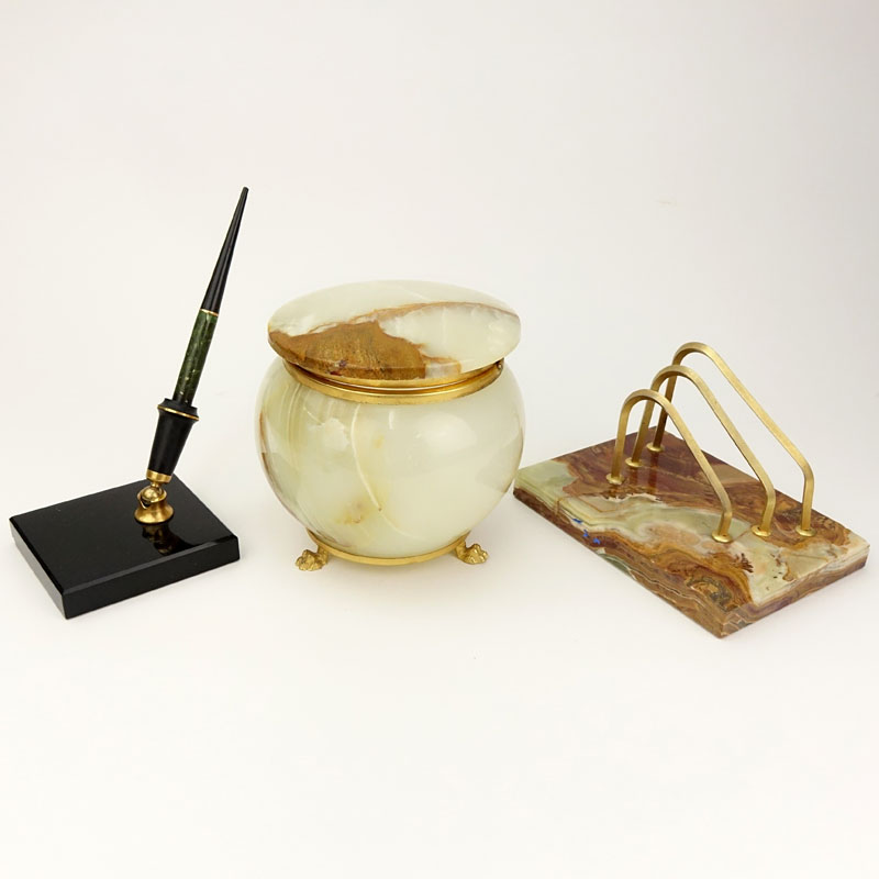Three Onyx Desk Accessories. Includes lidded jar with gilt metal mountings.