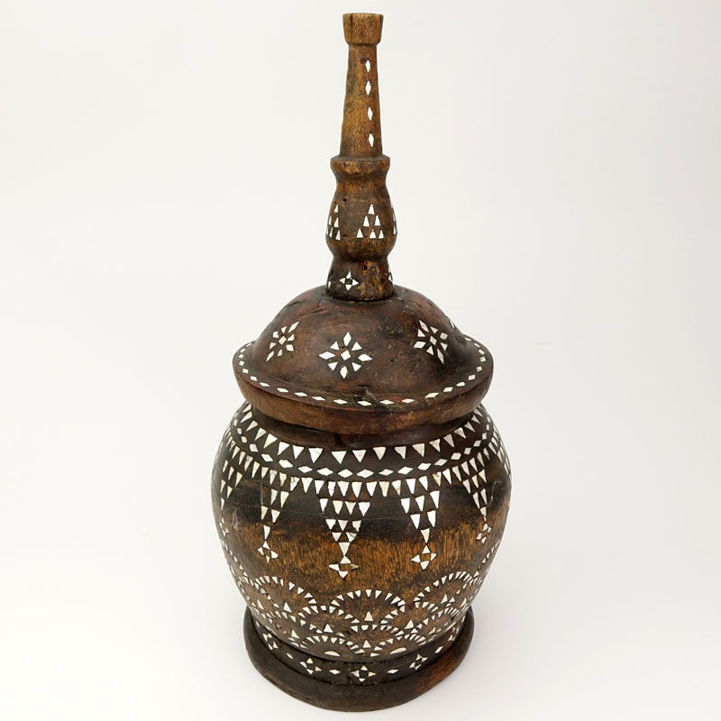 Large Carved and Inlaid Mother Of Pearl Covered Wood Jar.