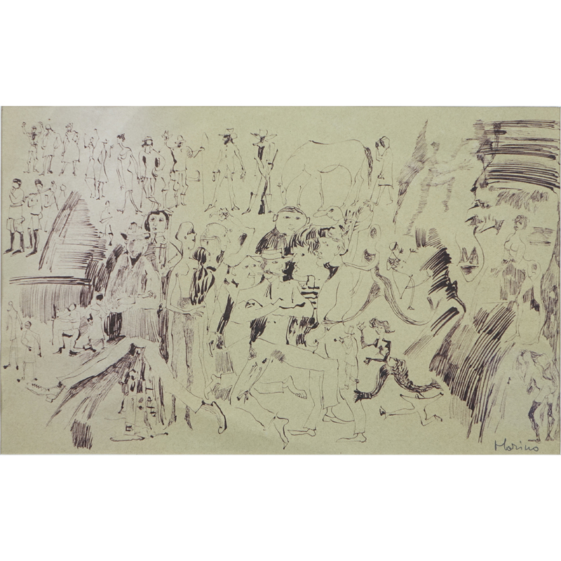 Mid-Century Italian School Ink On Paper "Horse In A Crowd" Bears signature Marino lower right. 
