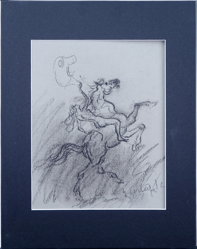 European School Pencil and Charcoal on textured gray paper "Surrealist Nude Female On Horse". 