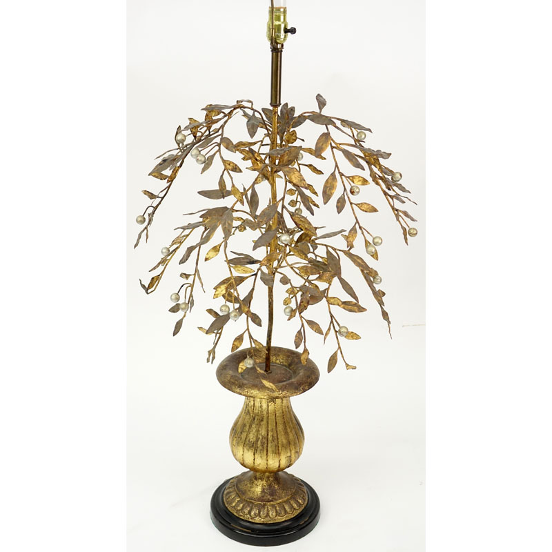 Large Mid Century Gilt Floral Tole Lamp.