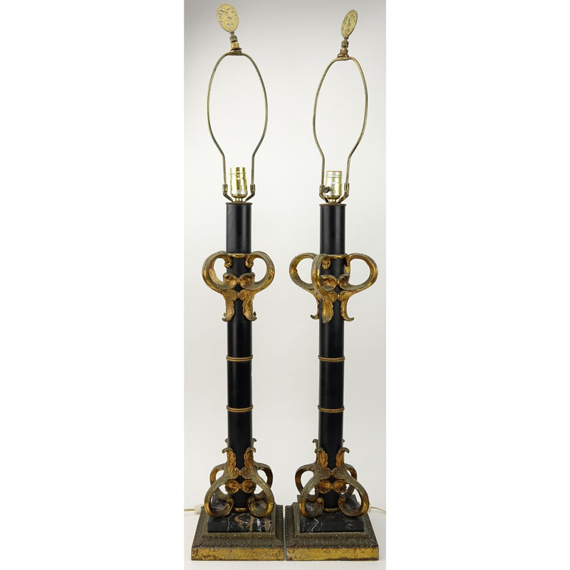 Pair of Neoclassical Style Gilt and Patinated Metal Lamps.