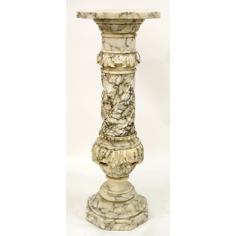 Antique Italian Carved White Marble Pedestal. Nicks to top, stains, and glue residue beneath top surface. 