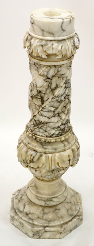 Antique Italian Carved White Marble Pedestal. Nicks to top, stains, and glue residue beneath top surface. 